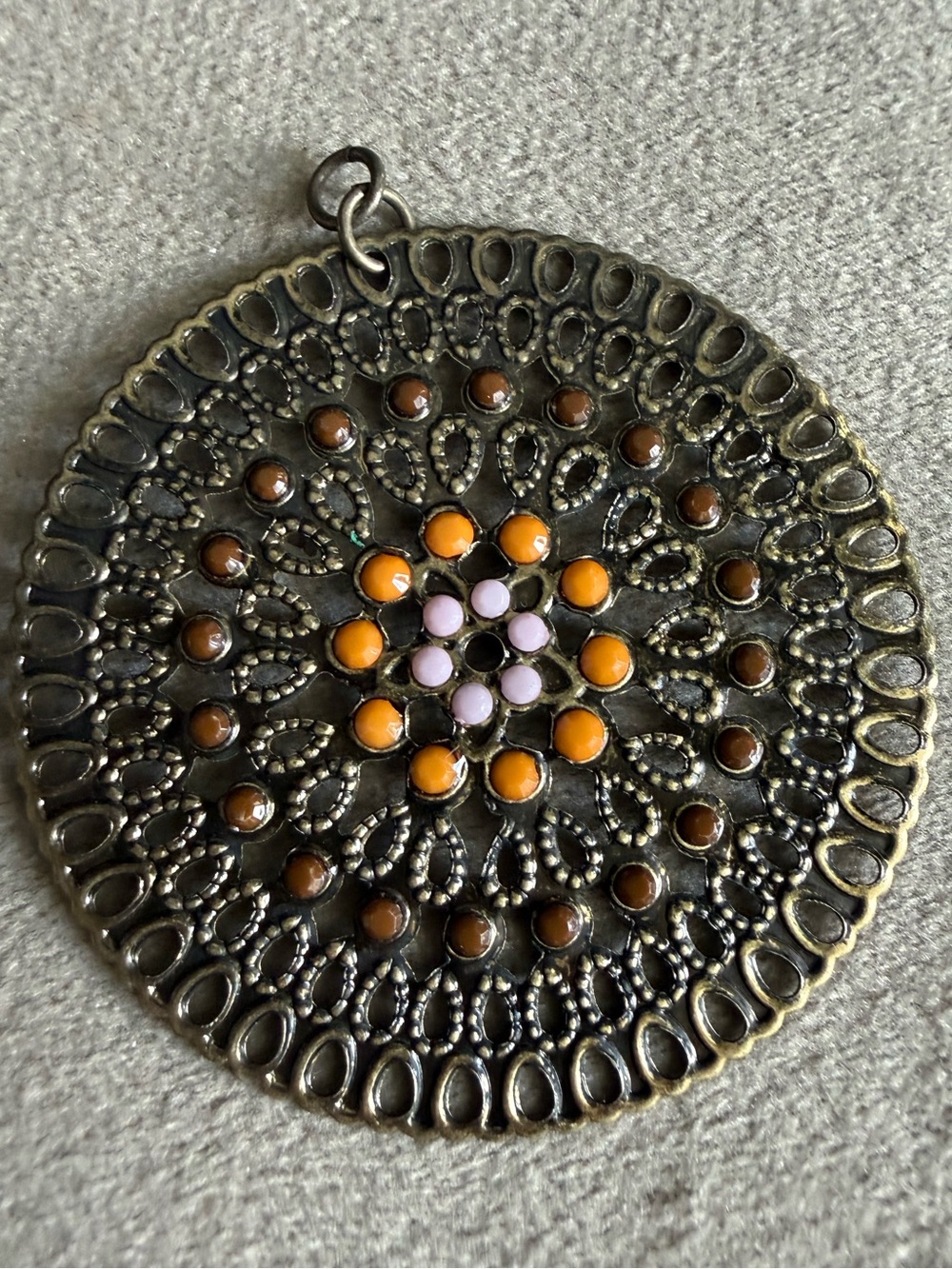Round Filigree Pendant Necklace with Orange and Pink Accents